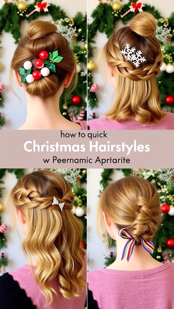 Collage of quick Christmas hairstyles including messy bun, braided half-updo, loose waves, and twisted ponytail.